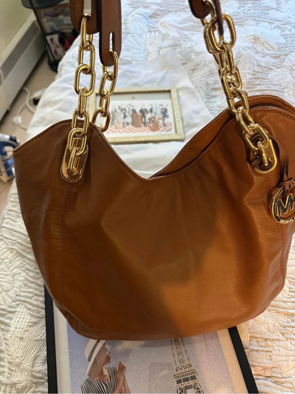 Michael Kors Cognac Leather Shoulder Bag with Gold Chain Detail